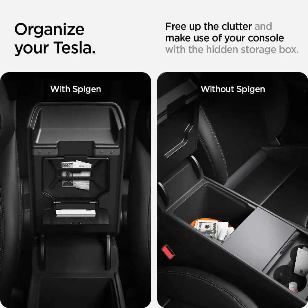 Spigen Tesla Model Y Juniper (2026/2025) & Model 3 Highland (2025/2024) One-Tap Hidden Storage Box Tesla Accessories