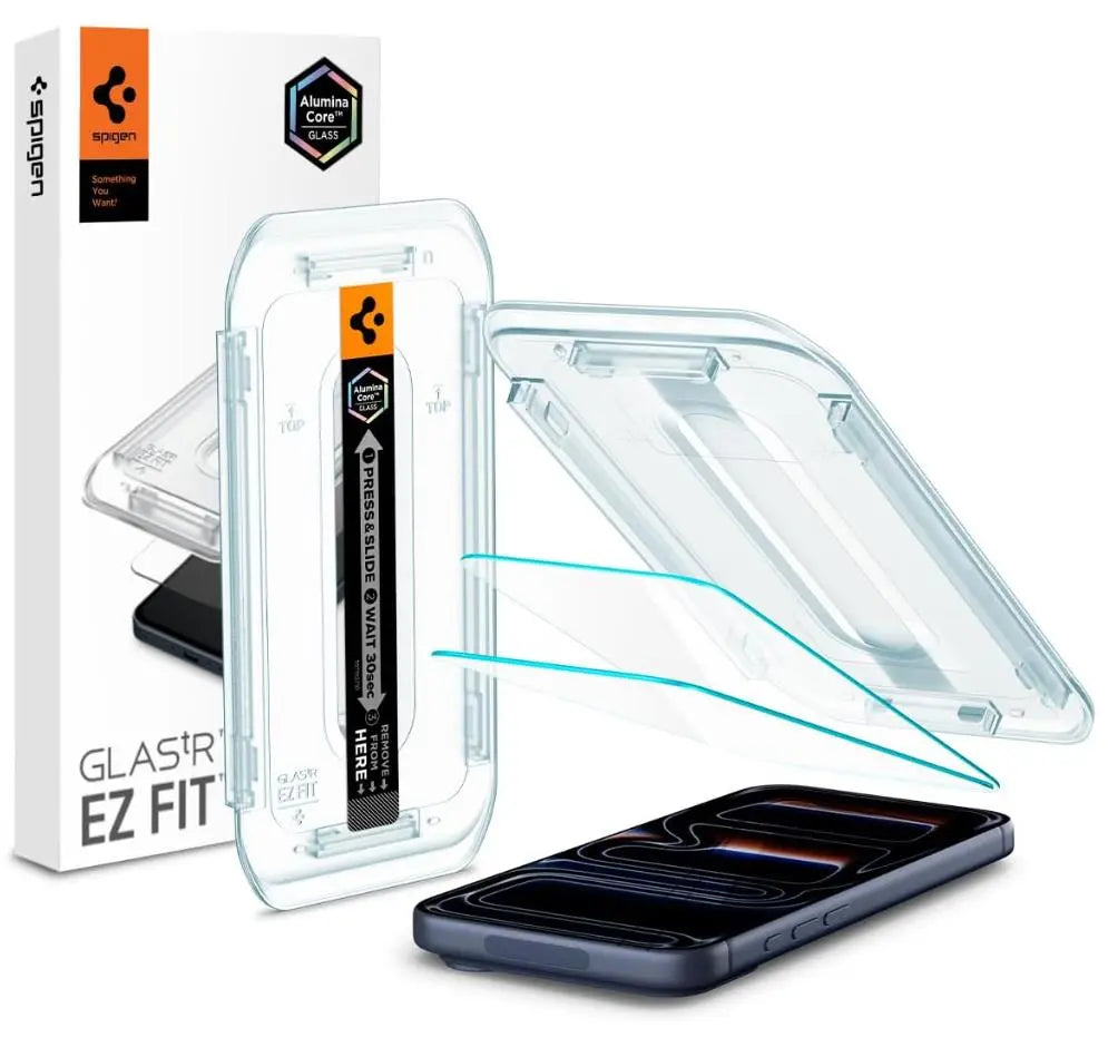 [2 Pack] Spigen iPhone 17 Pro Max/17 Pro/17/17 Air/16 Pro Max/16 Pro/16 Plus/16/iPhone 15 Pro Max/15 Pro/15/14/13/12 Glas.tR EZ Fit Screen Protector