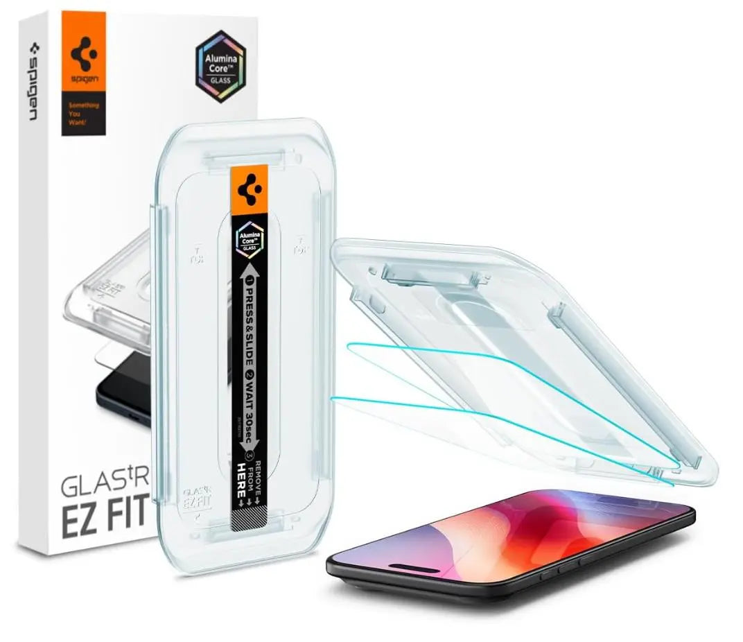 [2 Pack] Spigen iPhone 17 Pro Max/17 Pro/17/17 Air/16 Pro Max/16 Pro/16 Plus/16/iPhone 15 Pro Max/15 Pro/15/14/13/12 Glas.tR EZ Fit Screen Protector