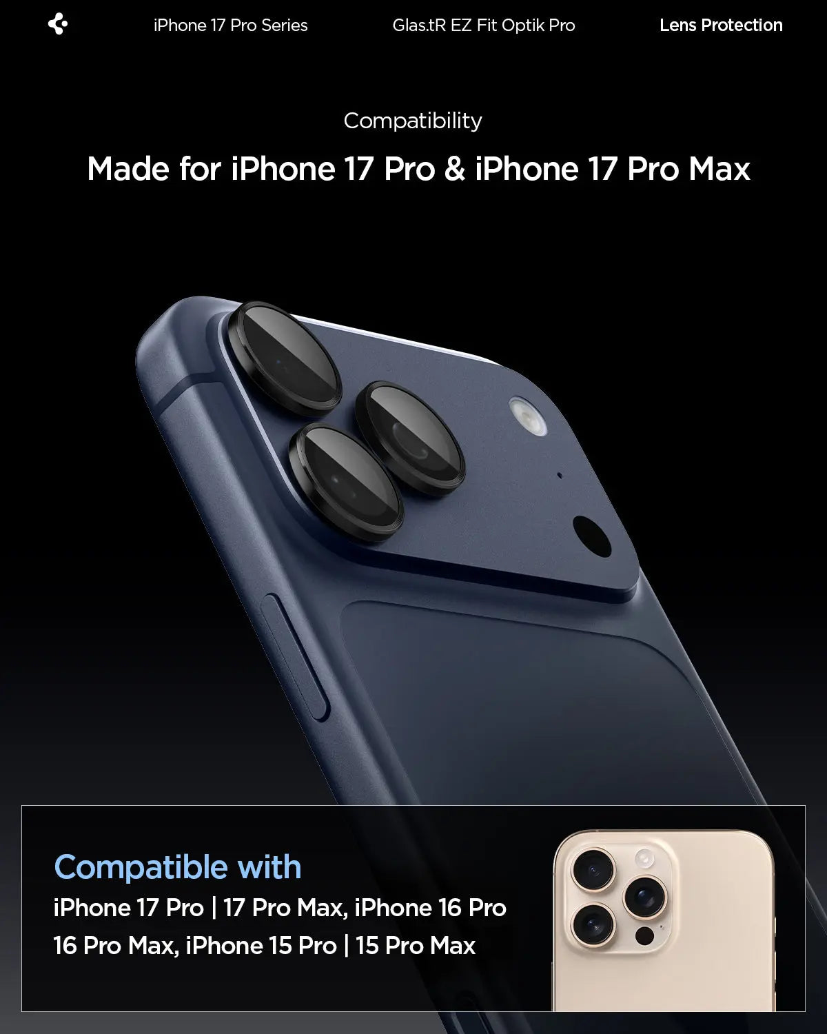 [2 Pack] iPhone 17 Pro Max / 17 Pro / 16 Pro Max / 16 Pro / 15 Pro Max / 15 Pro / 14 Pro Max / 14 Pro Camera Lens Protector EZ Fit Optik Pro