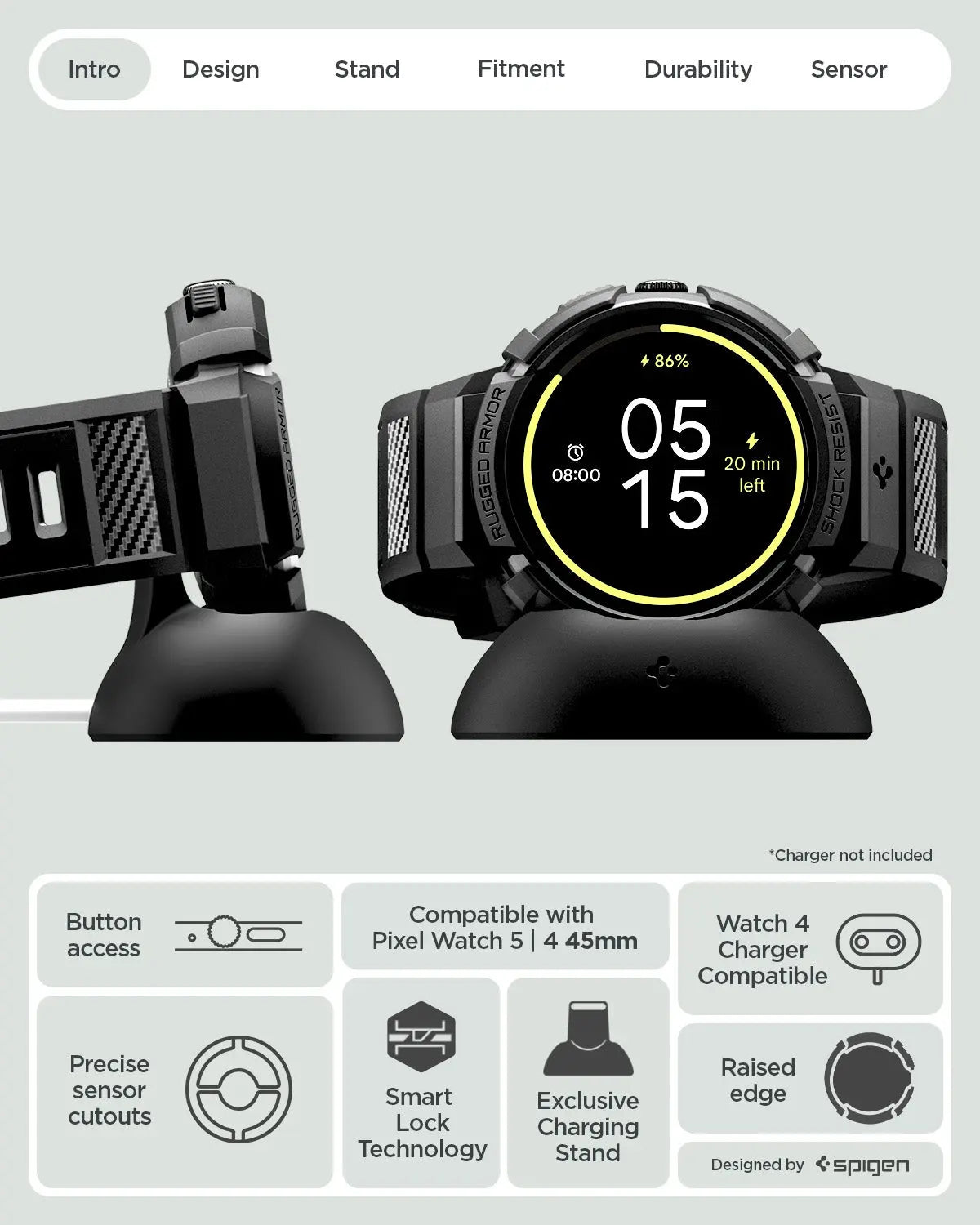 Google Pixel Watch 5 / 4 Case (45mm) Rugged Armor Pro with Charger Stand