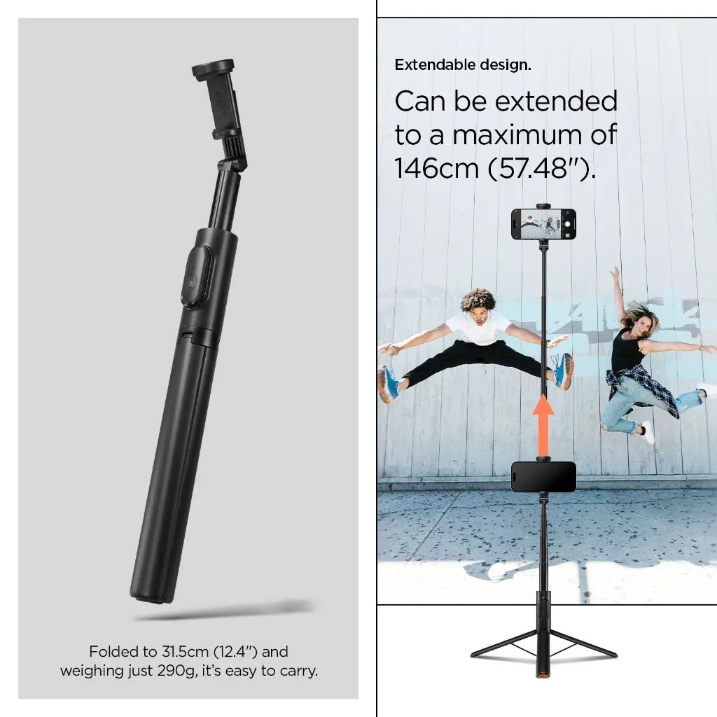 Spigen 146cm Selfie Stick Tripod S541W Auto Open Phone Stand Selfie Stick Rechargable Remote Phone Holder Stand