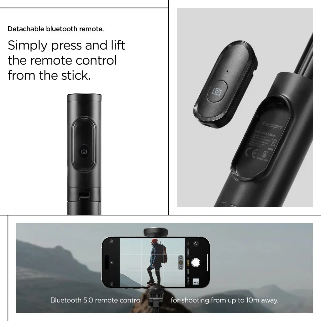 Spigen 146cm Selfie Stick Tripod S541W Auto Open Phone Stand Selfie Stick Rechargable Remote Phone Holder Stand