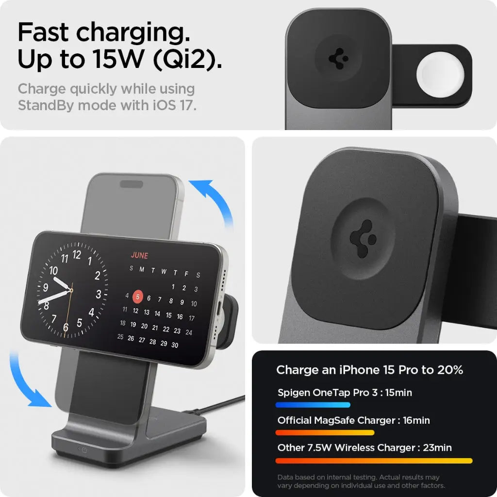 Spigen 3-in-1 OneTap Pro Wireless Charger MagSafe Charger Stand Fast Qi2 Magnetic Charger For iPhone Apple Watch AirPods