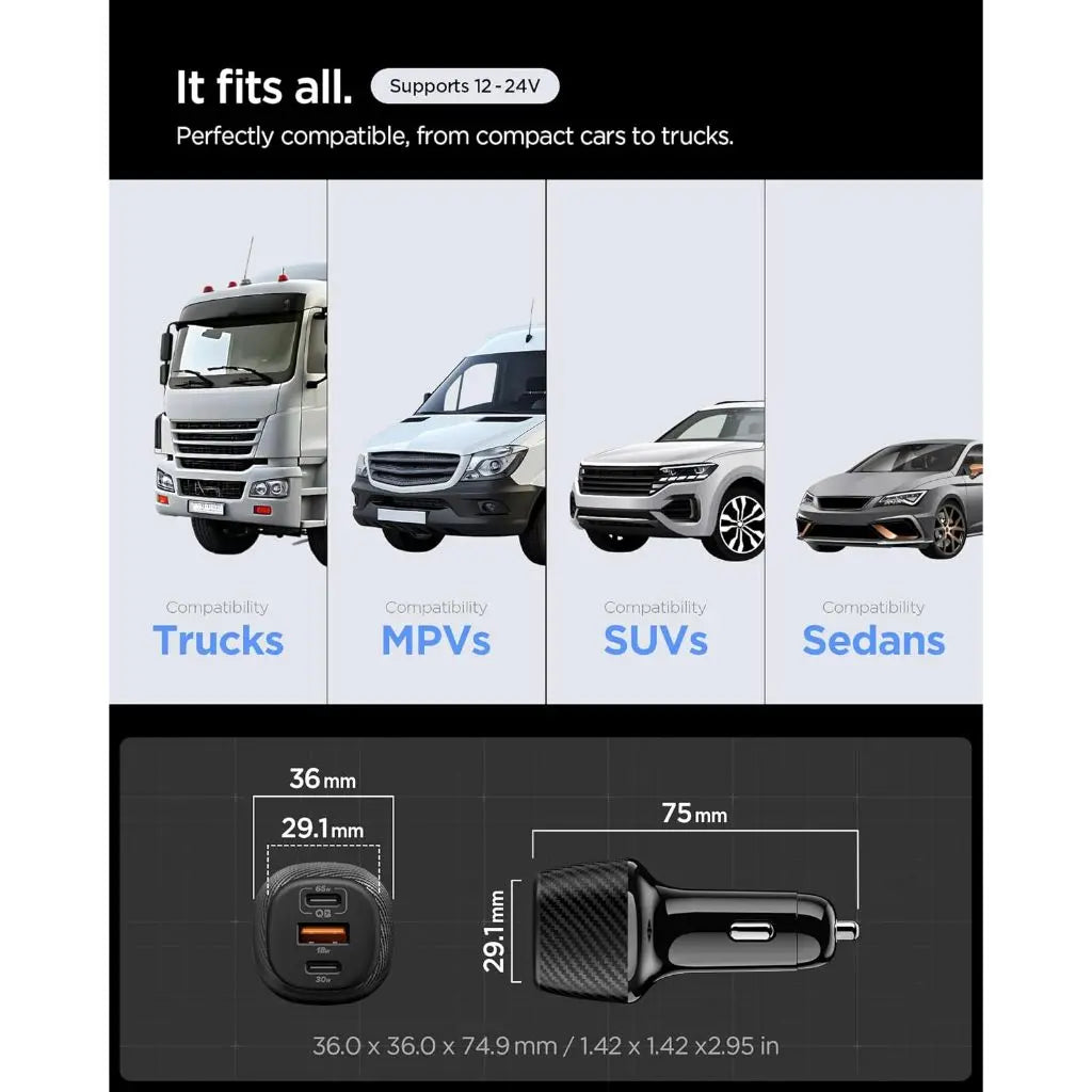 Spigen Essential 3 Ports 113W Car Charger Fast Charging with Type C Cable Car Charger Adapter