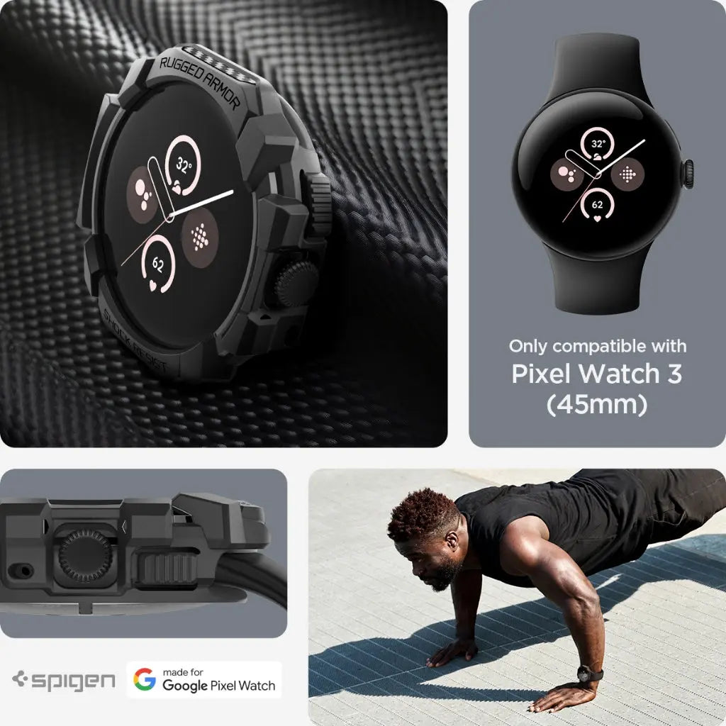 Spigen Google Pixel Watch 3 (45mm) Case Rugged Armor Google Pixel Watch Cover Drop Protection Watch Casing