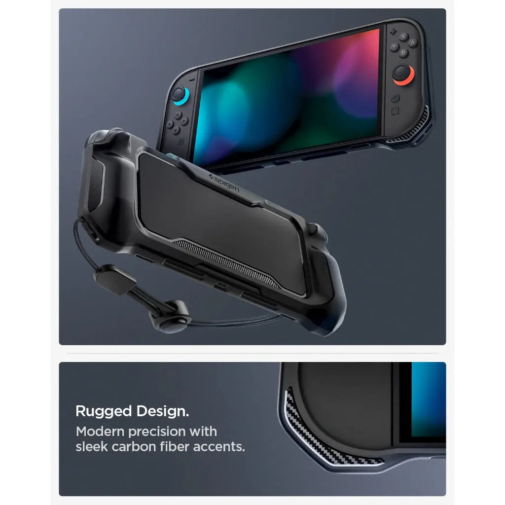 Spigen Nintendo Switch 2 Case (2025) Rugged Armor Cover Carbon Fiber Design with Adjustable Strap & Drop Protection