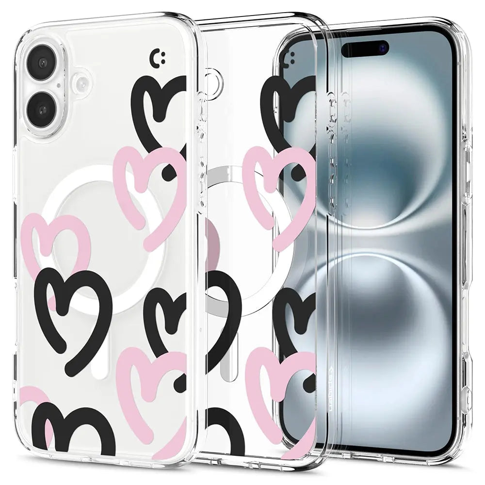 Spigen iPhone 16 Case 6.1" Case Ultra Hybrid MagFit Hearts Transparent Casing Air Cushion Technology Protection